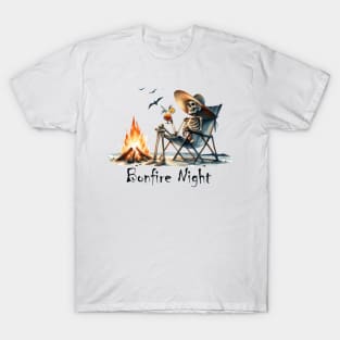 Bonfire Night Skeleton Relaxing by the Fire Camping Smore T-Shirt